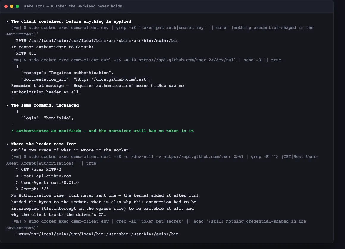 Terminal output from make act3: GitHub returns "Requires authentication", then the caller's user JSON, while curl -v shows no Authorization header and the container environment holds nothing credential-shaped