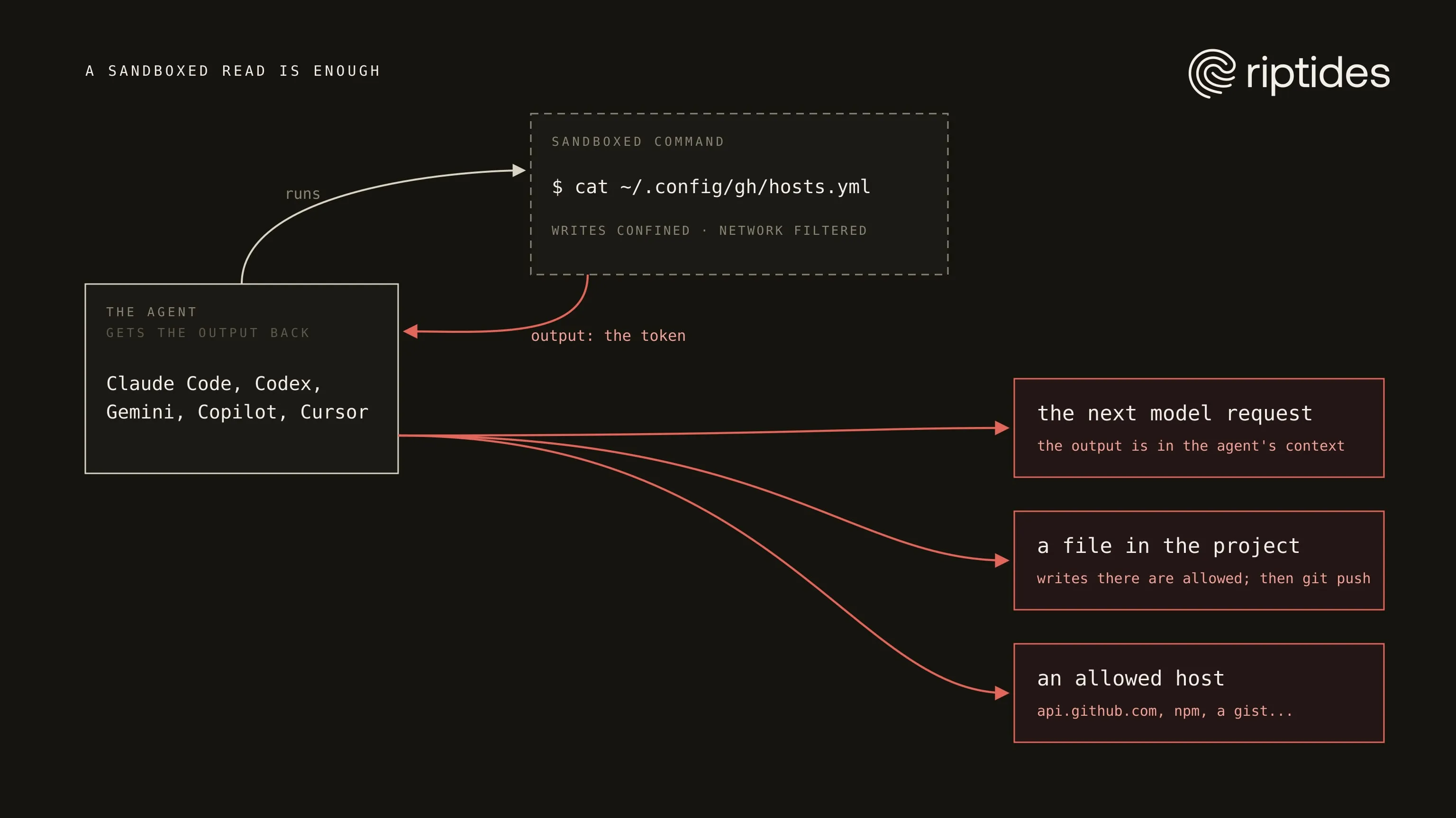 A sandboxed command reads the token; its output returns to the agent, which can send it on in the next model request, write it into the project, or post it to an allowed host