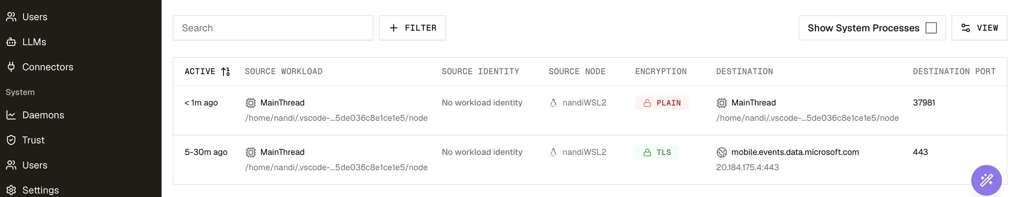 The Riptides console listing VS Code's node processes on the nandiWSL2 node